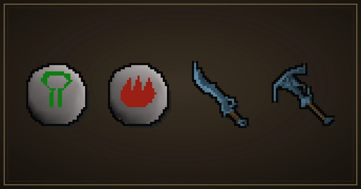 Nature rune, Fire rune, a rune scimitar and a rune pickaxe