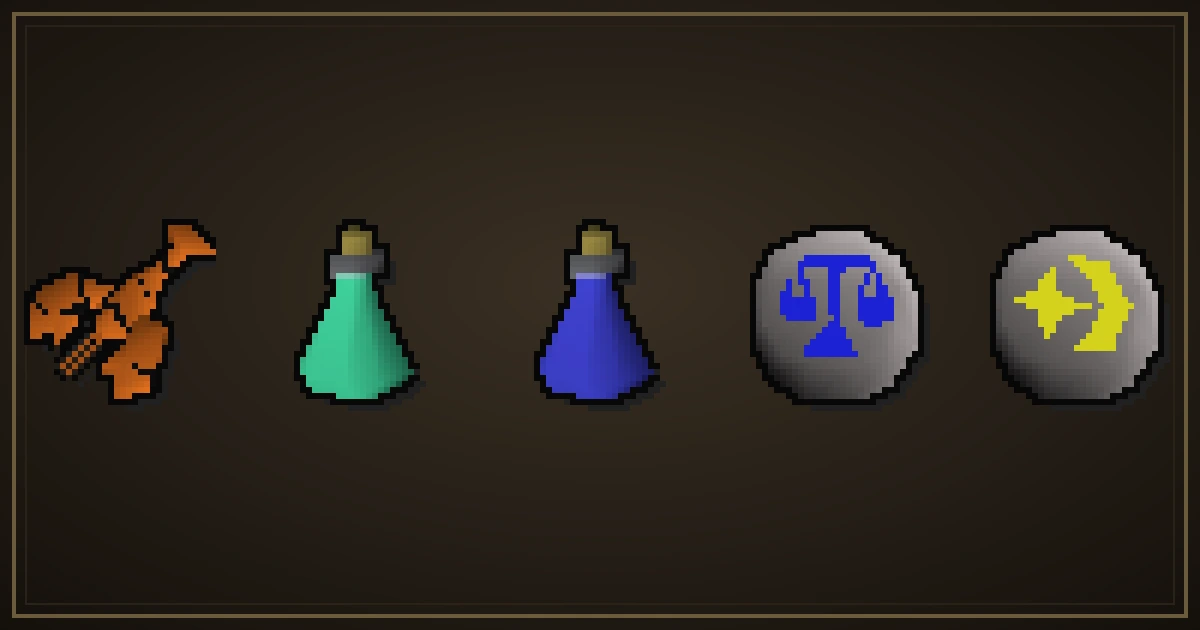 A lobster, a prayer potion, a super attack potion, a Law rune and a Cosmic rune