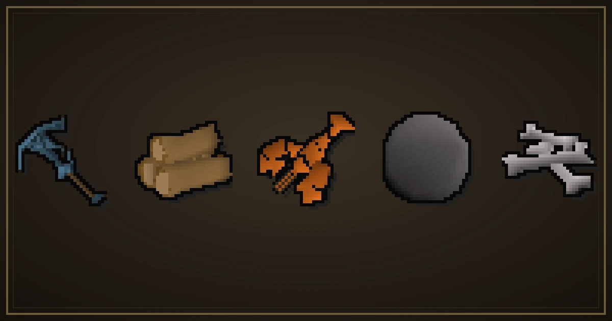 A rune pickaxe, oak logs, a lobster, rune essence and dragon bones